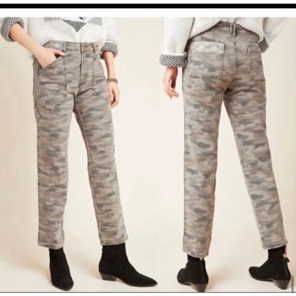 Anthropologie Mavis Camo Embroidered Cargo Cropped Utility Pants 27